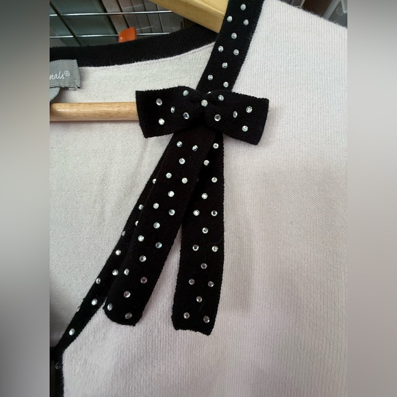 Designers Originals blush pink black button-down cardigan sweater polka dots bow - Picture 5 of 11